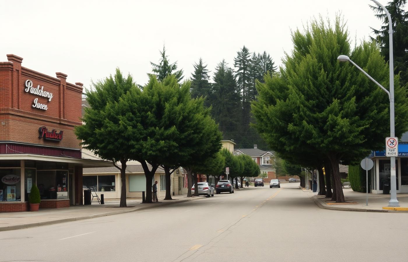 Small independent storefronts on a Pacific Northwest street near Shoreline, Washington
